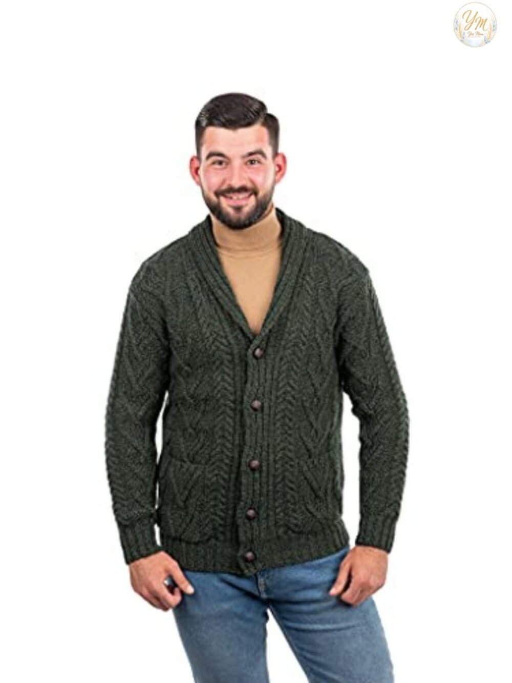 100% Merino Wool Aran Cable Knit Shawl Collar Cardigan Men's Irish Sweater